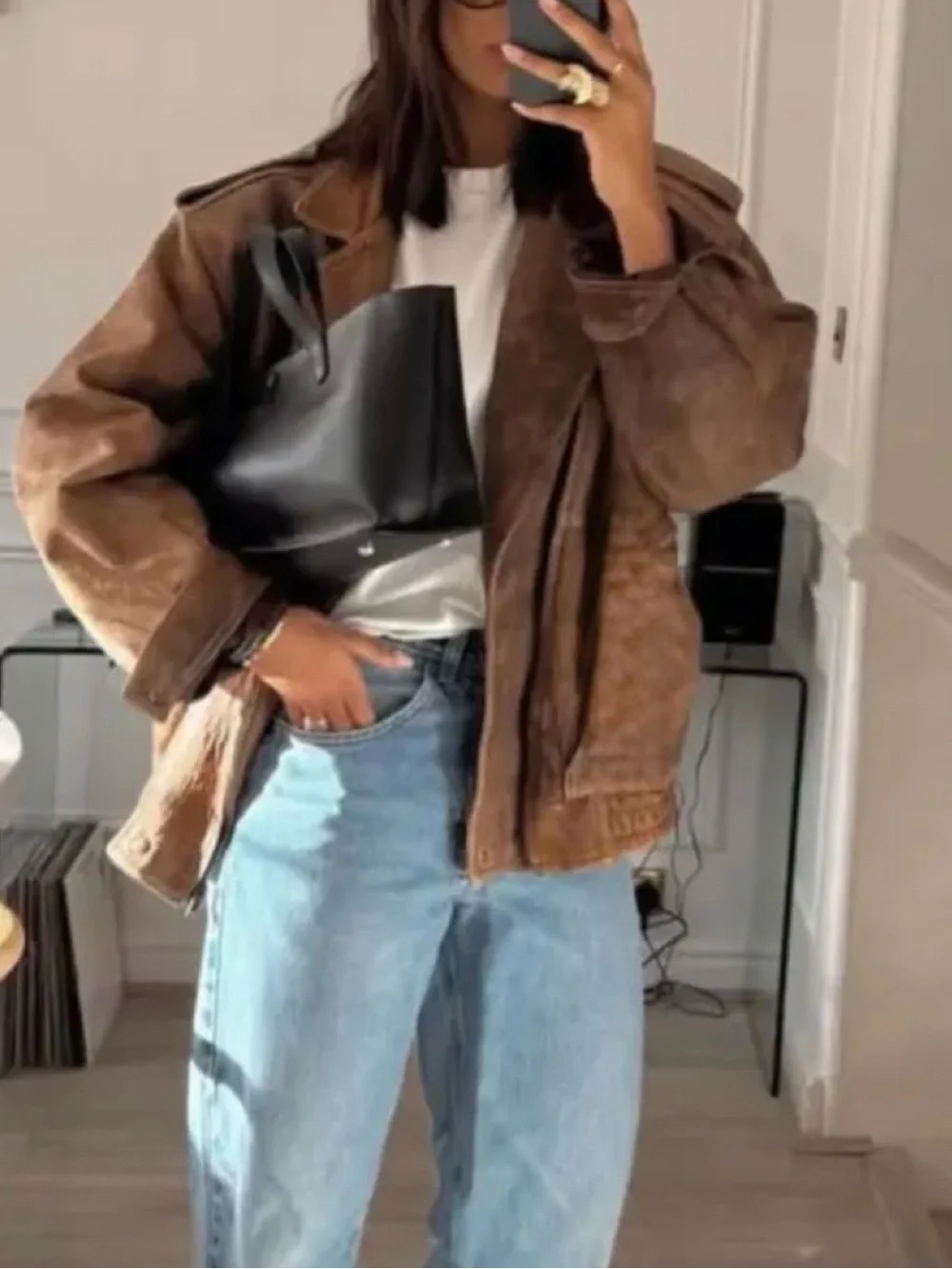 Tan leather bomber jacket